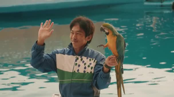 Parrot Its Trainer Waving Audience Animal Show Sendai Umino Mori — Video Stock