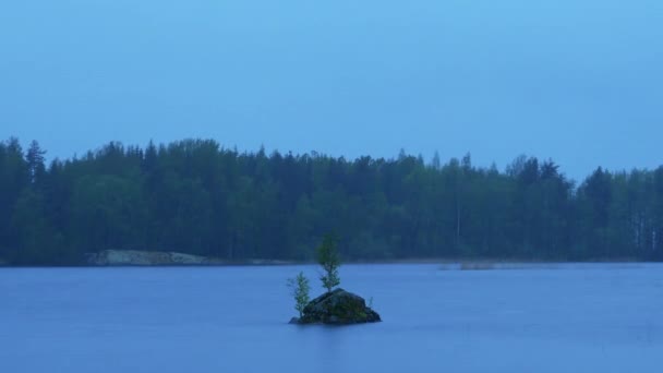 Zeitraffer Einer Kleinen Einsamen Insel Einem See Einem Regnerischen Tag — Stockvideo