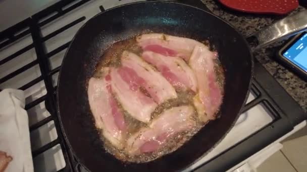 Thick Cut Bacon Sizzling Hot Skillet Small Gas Stove Music — Stock Video