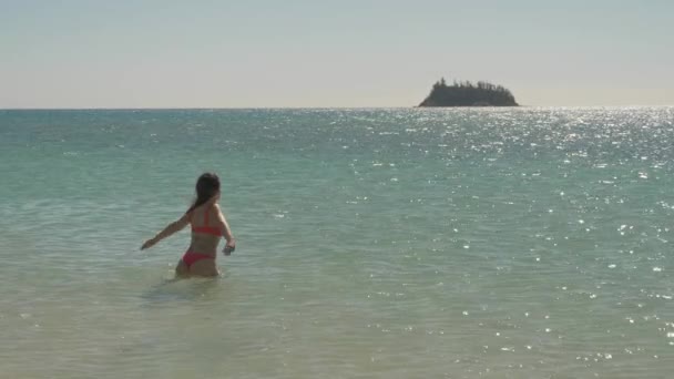 Pretty Girl Swims Sea Beach Langford Island Whitsunday Islands Qld — стокове відео