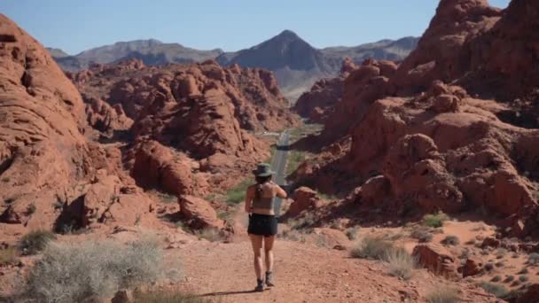 Femme Photographe Paysage Prenant Des Photos Route Dans Vallée Feu — Video