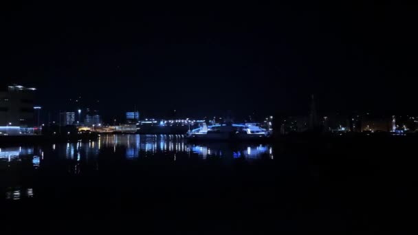 Nachts Hafen Von Göteborg Blick Von Lindholmen Hinüber Zum Fährterminal — Stockvideo