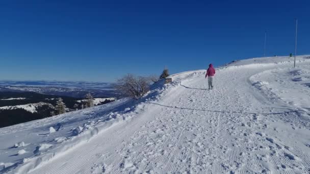 Mujer Joven Caminando Las Montañas Ropa Esquí Nieve Pesada Hermoso — Vídeos de Stock