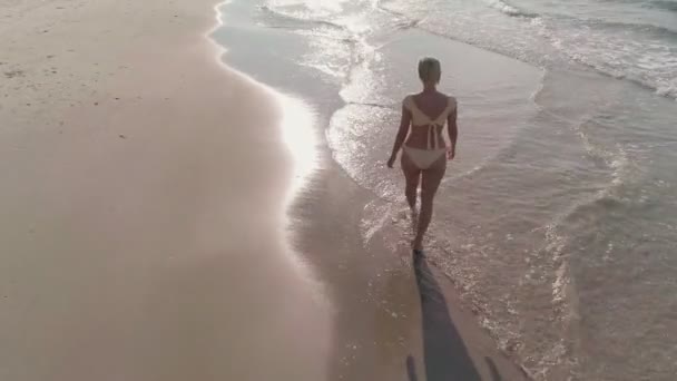 Eine Dame Bikini Die Allein Wasser Des Strandes Spaziert Sich — Stockvideo