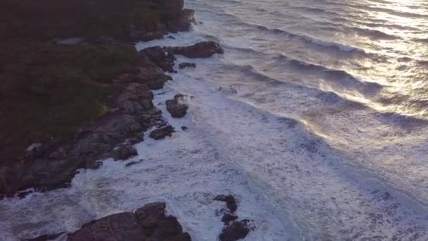 新西兰塔斯曼海沿岸陡峭的岩石悬崖峭壁的空中景观 新西兰塔斯曼海沿岸被毁的岩石悬崖峭壁 无人机视图 — 图库视频影像