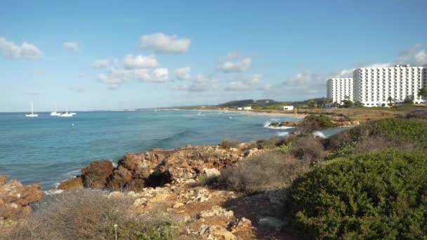 Vista Lateral Praia Menorca Son Bou Resort Início Manhã Com — Vídeo de Stock