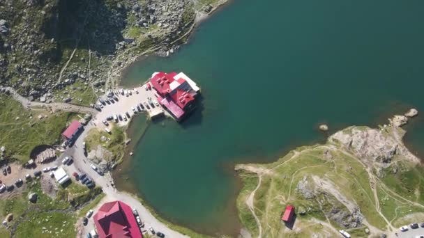 Beautiful Aerial Lakeside Hotel Blue Lake Transfagarasan Road Romania — Stock Video