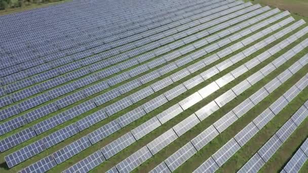 Flyover Sobre Filas Diagonales Paneles Solares Una Gran Granja Solar — Vídeos de Stock