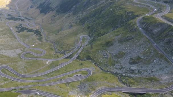 Aerial Transfagarasan Road Stunning Road Mountains Bends Hairpin Turns Cable — Stock Video