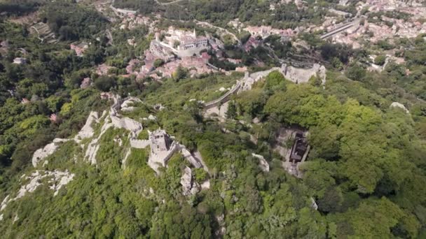 Ruinen Der Mittelalterlichen Maurenburg Von Sintra Panorama Luftaufnahme — Stockvideo