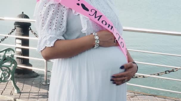 Ινδή Έγκυος Γυναίκα Κρατώντας Την Κοιλιά Της Όταν Στέκεται Κοντά — Αρχείο Βίντεο