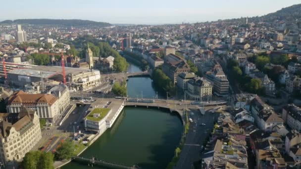 Buses Zurich Switzerland Cross Bridge Limmat River Morning Commute — Stock Video