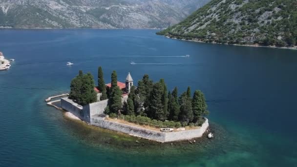 Aerial View Catholic Church Small Island Kotor Bay Perast Montenegro — 비디오
