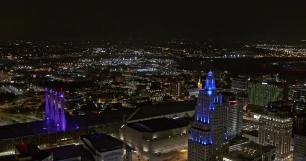 Kansas Missouri Aerial Pan Right Shot View Illuminated Cityscape Downtown — Stock Video