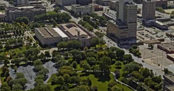 Omaha Nebraska Aerial V17 Cinematic Birds Eye View Downtown Cityscape — Stock Video