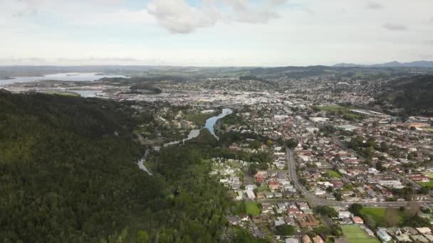 Panorama Ciudad Whangarei Desde Monte Parihaka Con Bosque Denso Durante — Vídeos de Stock