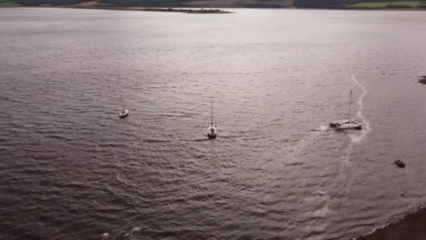 Drone Schot Het Meer Kant Toont Het Strand Andere Boten — Stockvideo