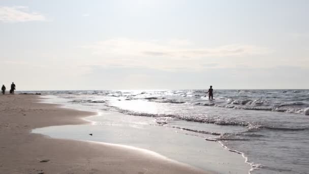 Женщина Купальнике Развлекается Краю Водной Волны Пляже Молодая Взрослая Женщина — стоковое видео