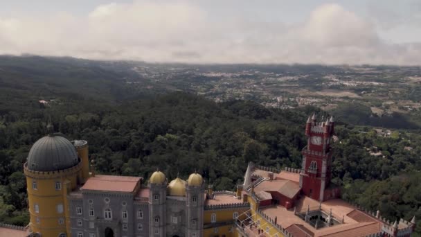 People Visiting Pena Palace Sintra Natural Park Forest Aerial View — Stock Video