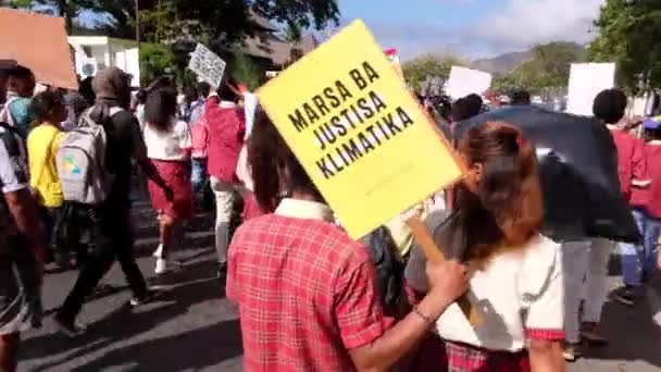 Des Étudiants Rassemblent Marchent Tiennent Panneau Sur Changement Climatique Marche — Video