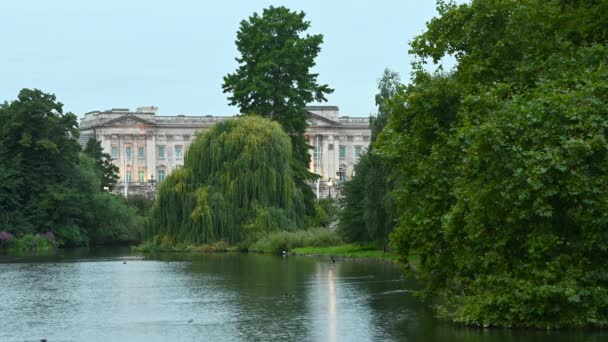 Bujné Stromy Břehu Jezera James Park Buckingham Palace Pozadí Londýně — Stock video