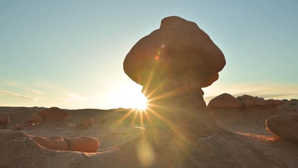 Mushroom Shaped Rock Formation Backlit Sunlight Goblin Valley State Park — Stock video