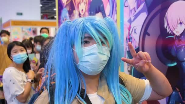 Portrét Převlečeného Cosplayeru Během Výstavy Anicom Games Acghk Hongkongu — Stock video