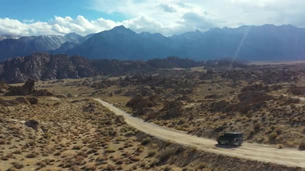 Dark Van Desert Road Cinematic Tracking Aerial View Vehicle Moving — Stok Video