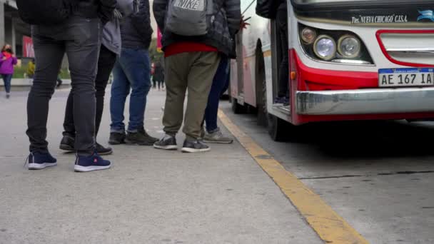 Slow Motion Shot People Entering Bus Buenos Aires Morning Low — Vídeo de Stock