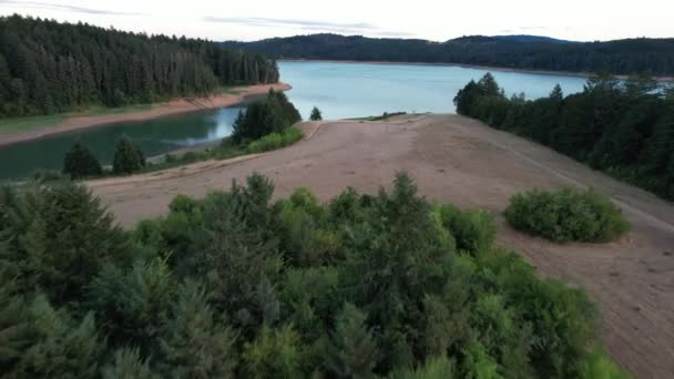 Disparo Aéreo Sobre Árboles Con Lago Distancia — Vídeos de Stock