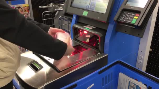 Close Woman Paying Food Self Check Out Counter Walmart Store — Stock video