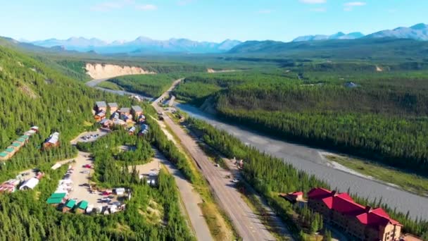 4K Drone Video of Denali Park Village along the Nenana River on the George Parks Highway Alaska Route 3 Near Denali State Park, AK