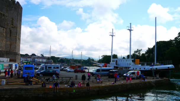 Tourists Crab Fishing Caernarfon Castle Harbour Pier Next Tall Mast — Stock Video