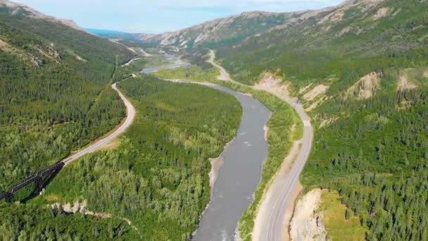 4K Drone Video of Chulitna River, Alaska Railroad and Parks Highway Route 3 near Denali National Park and Preserve, Alaska during Summer