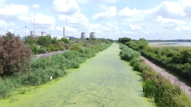 绿藻覆盖的运河水道导致电站行业航空无人机视图 — 图库视频影像