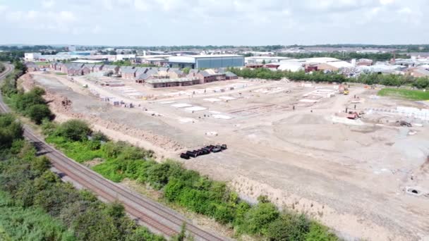 Town Housing Development Working Foundation Construction Site Aerial View Pan — Stock Video