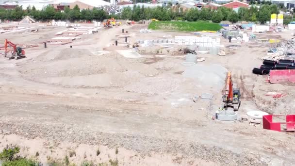 Town Housing Development Working Foundation Construction Site Aerial View Diggers — Stock Video