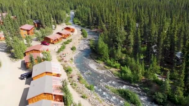 4K Drone Video of Quaint McKinley Creekside Cabins along Carlo Creek near Denali National Park and Preserve, AK during Summer