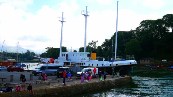 Turisté Krab Rybaření Hradě Caernarfon Molo Přístav Vedle Vysoké Stožár — Stock video