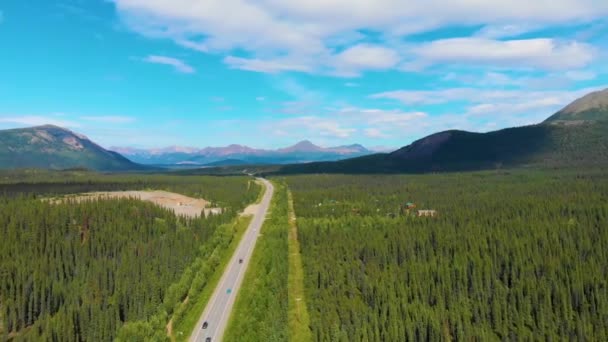 ジョージ パークス ハイウェイ アラスカ州道3号線沿いの山の4Kドローン映像デナリ国立公園と保護区の近く 夏の間のAk — ストック動画