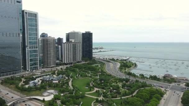 Chicago Usa Drone Aerial View Millennium Park Skyskrapor Och Michigan — Stockvideo