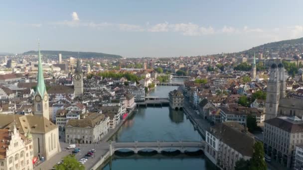 Increíble Toma Drones Zurich Casco Antiguo Suiza Tarde Verano — Vídeos de Stock