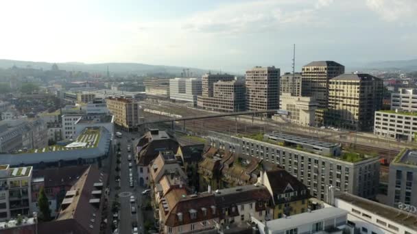 Flybilde Zurich Nabolaget Ved Siden Central Train Station – stockvideo