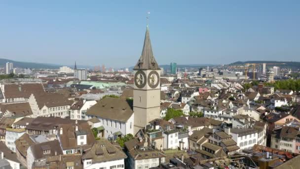 Drone Flies Peter Church Zurich Switzerland Cinematic Establishing Shot Close — Stock Video