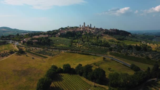 Let Dronem Nad Středověkým Středomořským Městem San Gimignano Sieny Mistrovským — Stock video