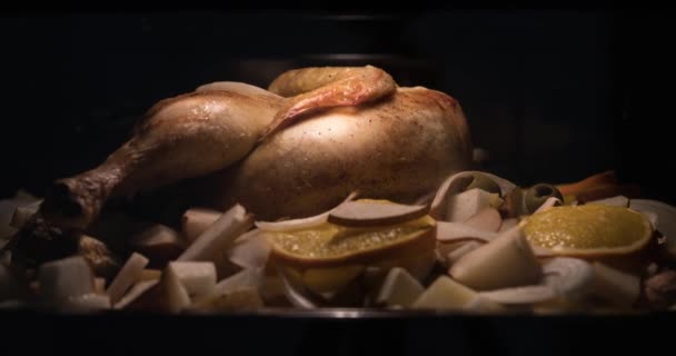 随着时间的流逝 在对流烤箱中加入土豆的烤鸡上变焦 静态射击 — 图库视频影像