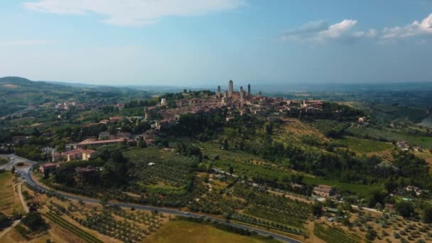 Aerial Drone Medieval Mediterranean Town San Gimignano Siena Masterpiece Historic — Stock Video