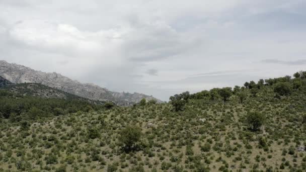 この壮大なスペインの風景を明らかにするシエラ グアドララマ山脈を空中ドローンが引っ張ります — ストック動画