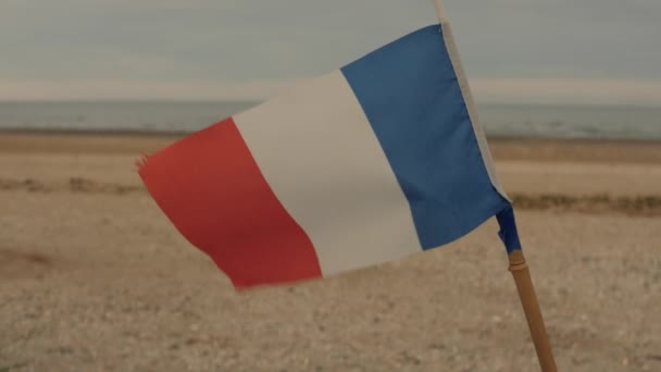 Een Kleine Franse Vlag Wappert Wind Met Een Strand Achtergrond — Stockvideo