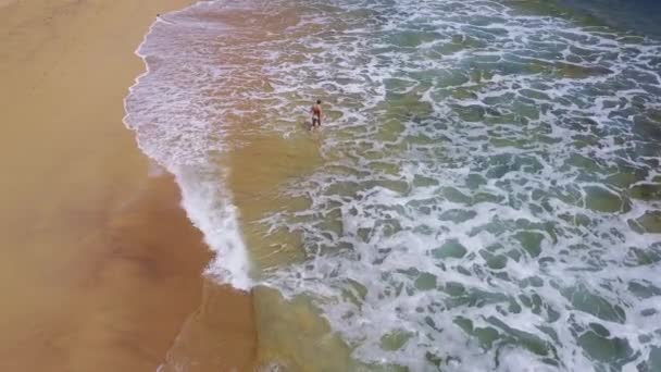 ビキニを着て海の波で遊んでいる女性の鳥の目のビューは 熱帯のビーチに対してクラッシュ — ストック動画